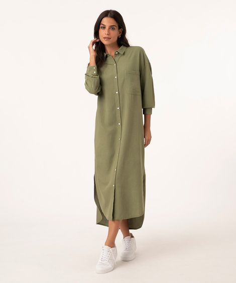 vestido chemise midi manga 3/4 verde militar