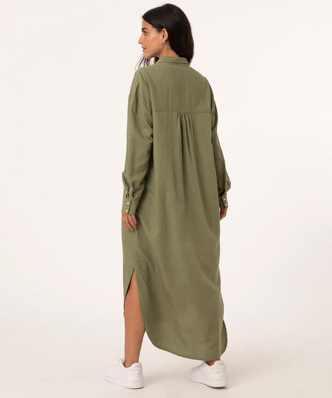 vestido chemise midi manga 3/4 verde militar