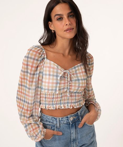 blusa de tule xadrez manga bufante multicor