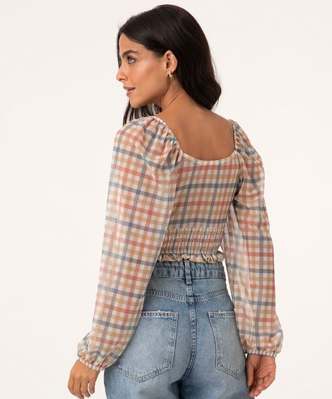 blusa de tule xadrez manga bufante multicor