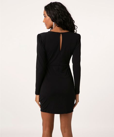 vestido drapeado manga longa com ombreiras  preto