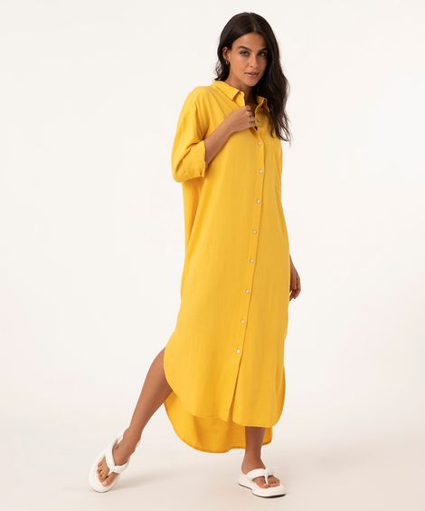 vestido chemise midi manga 3/4 mostarda