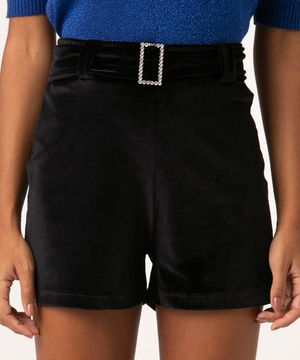 short de veludo com fivela de strass preto
