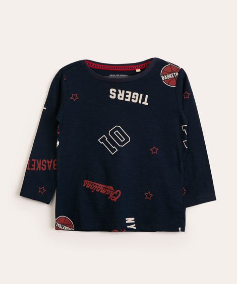 camiseta infantil manga longa college azul marinho