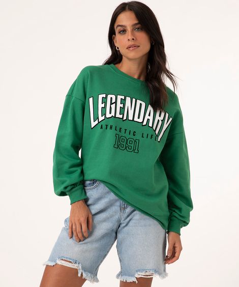blusão oversized de moletom manga bufante college verde