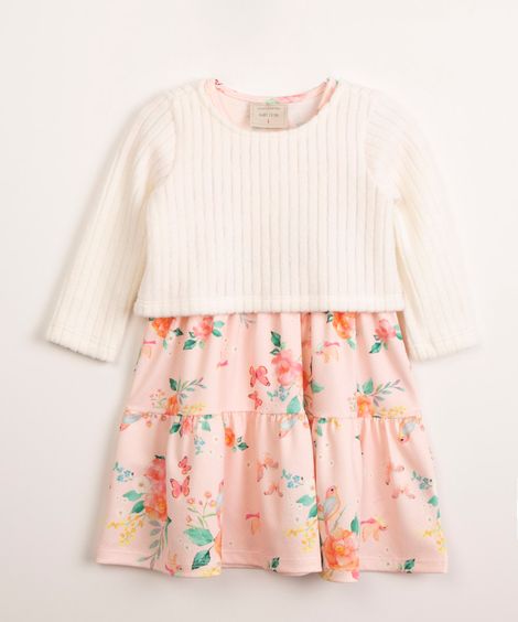 vestido infantil floral com sobreposição em suéter rosa
