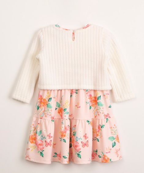 vestido infantil floral com sobreposição em suéter rosa