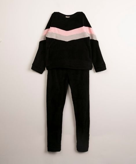 pijama juvenil de fleece com recorte em listra preto
