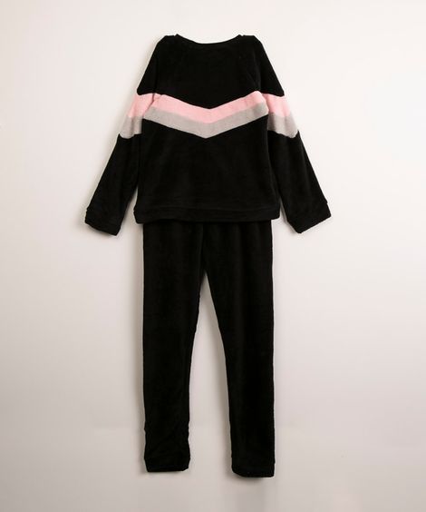 pijama juvenil de fleece com recorte em listra preto