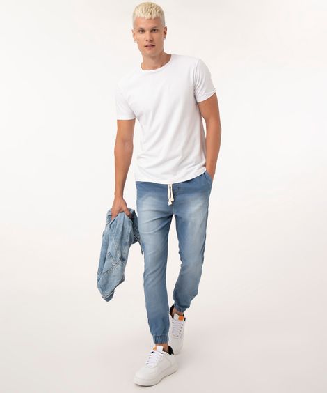 Calça Jeans Masculina Skinny Jogger com Cordão Azul Médio