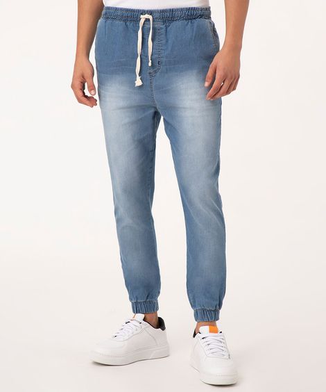 Calça Jeans Masculina Skinny Jogger com Cordão Azul Médio