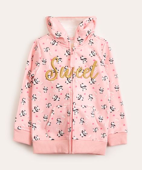jaqueta infantil panda com capuz rosa claro