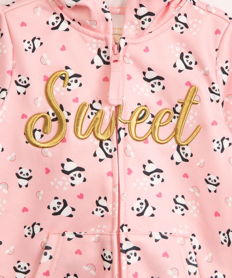 jaqueta infantil panda com capuz rosa claro