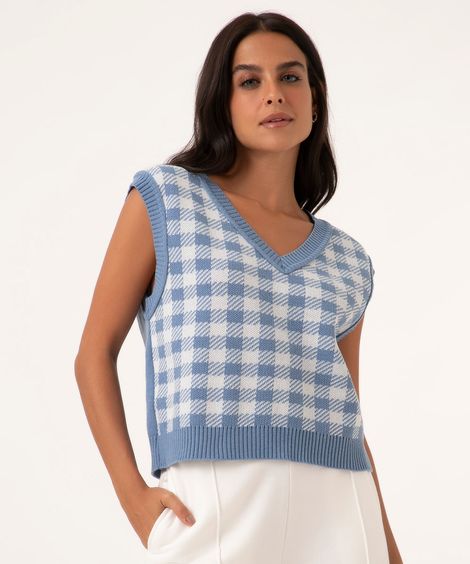colete de tricô xadrez vichy azul
