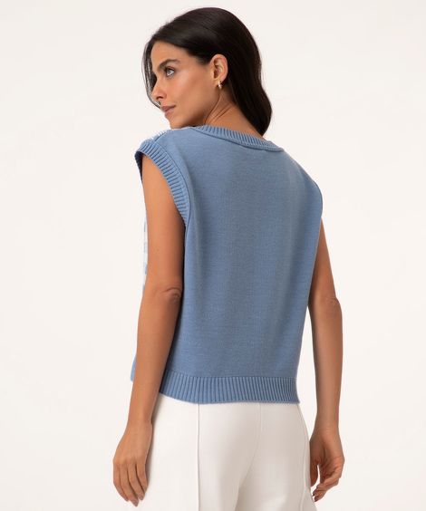 colete de tricô xadrez vichy azul