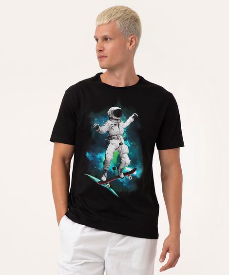 Camiseta de Algodão Astronauta Skatista Manga Curta Gola Careca Preta