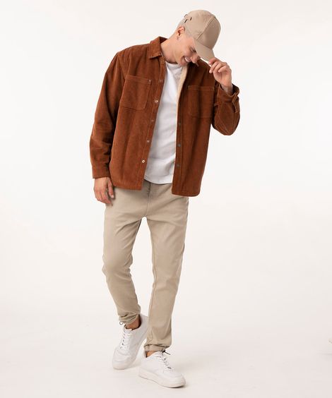 Calça Jogger Skinny de Sarja com Barra Ajustável Bege