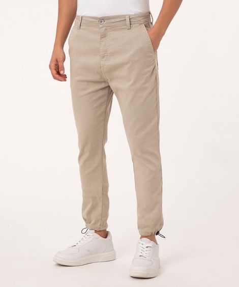 Calça Jogger Skinny de Sarja com Barra Ajustável Bege