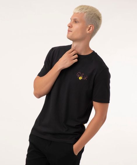 Camiseta de Algodão Caveira Manga Curta Gola Careca Preta