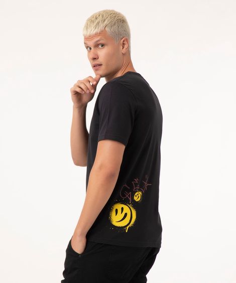 Camiseta de Algodão Caveira Manga Curta Gola Careca Preta
