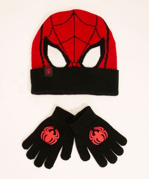 kit de gorro infantil de tricô homem-aranha + luva vermelho