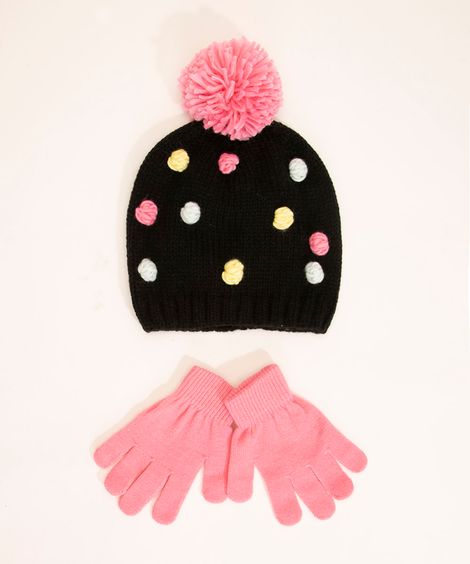 kit de gorro infantil de tricô + luva multicor