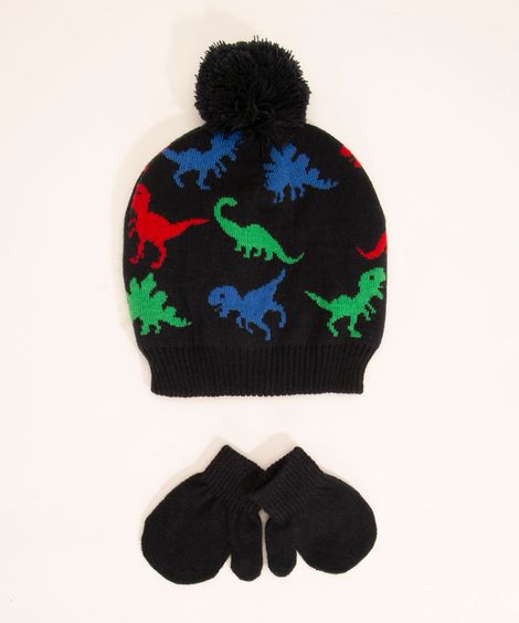 kit de gorro bebê de tricô dinossauros + luva multicor