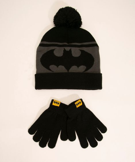 kit de gorro infantil de tricô batman + luva preta