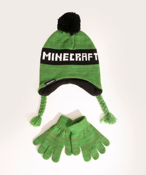 kit de gorro infantil de tricô minecraft + luva verde