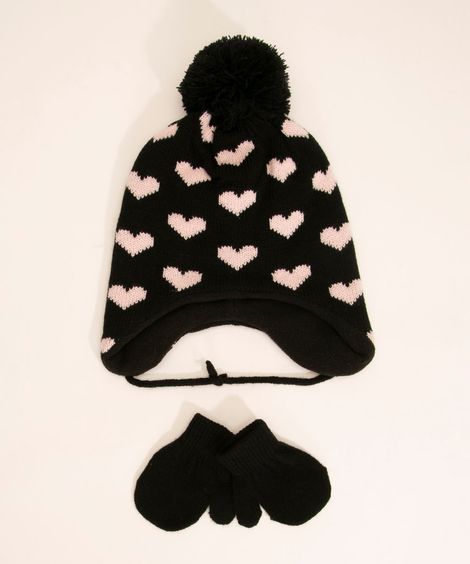 kit de gorro bebê de tricô corações + luva preto