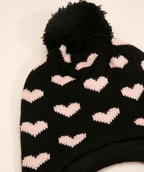 kit de gorro bebê de tricô corações + luva preto