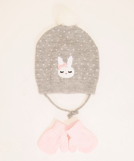 kit de gorro bebê de tricô coelho + luva cinza