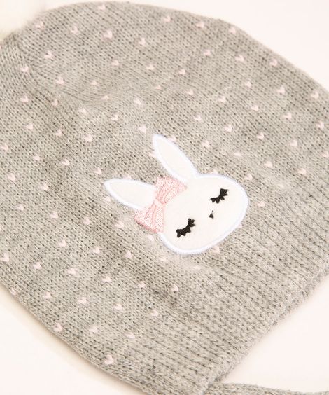 kit de gorro bebê de tricô coelho + luva cinza