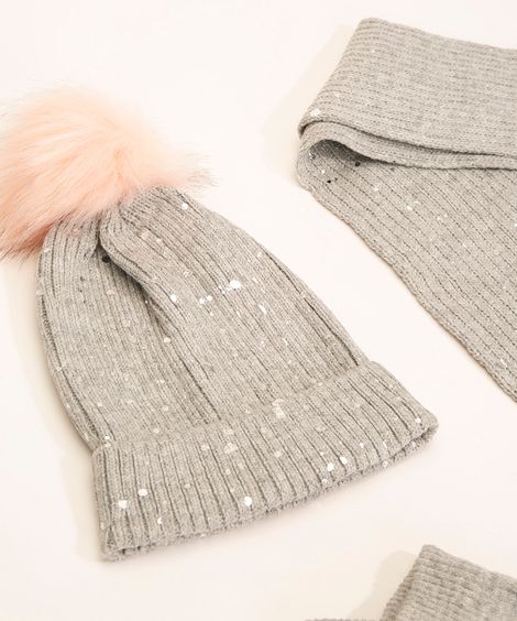 kit de gorro infantil de tricô + cachecol + luva cinza