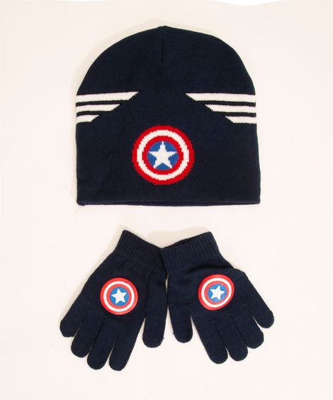 kit de gorro infantil de tricô capitão américa + luva azul marinho