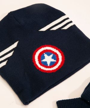 kit de gorro infantil de tricô capitão américa + luva azul marinho
