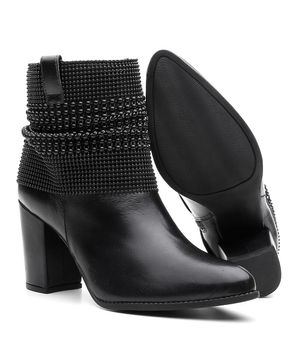 Bota Couro Malha Metal Black Lisa Bico Fino Cano Curto Salto Valentina Kister Preta