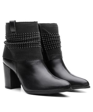 Bota Couro Malha Metal Black Lisa Bico Fino Cano Curto Salto Valentina Kister Preta