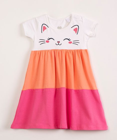 vestido infantil de algodão manga curta gatinho coral