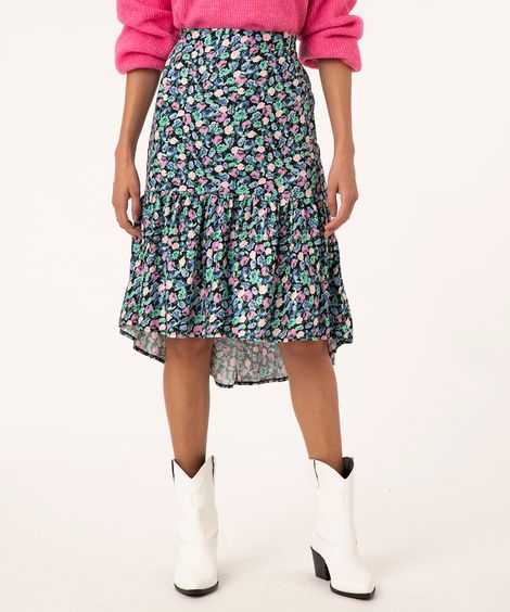 Saia Feminina Midi Mullet Estampada Floral com Babado Preta