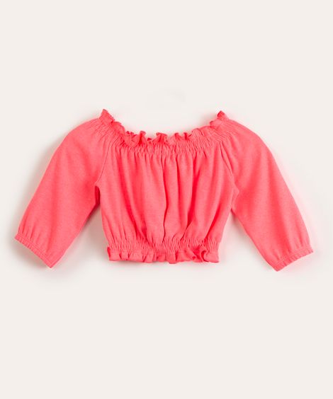 blusa juvenil canelada ciganinha com botões rosa neon