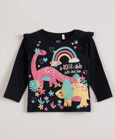 blusa infantil de algodão com babados dinossauro azul marinho