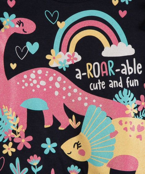 blusa infantil de algodão com babados dinossauro azul marinho
