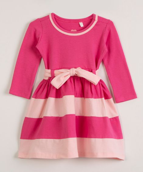 vestido infantil com amarração e recortes listrados pink