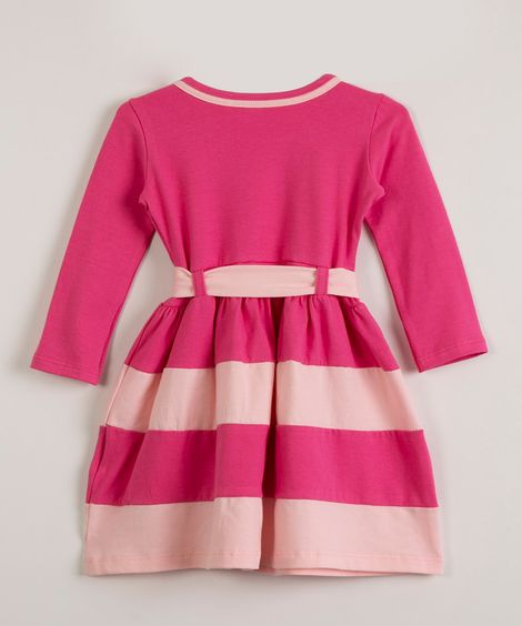 vestido infantil com amarração e recortes listrados pink