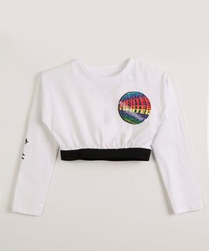 blusa juvenil cropped de algodão manga longa now united off white