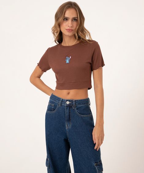 blusa cropped manga curta fru fru stitch marrom