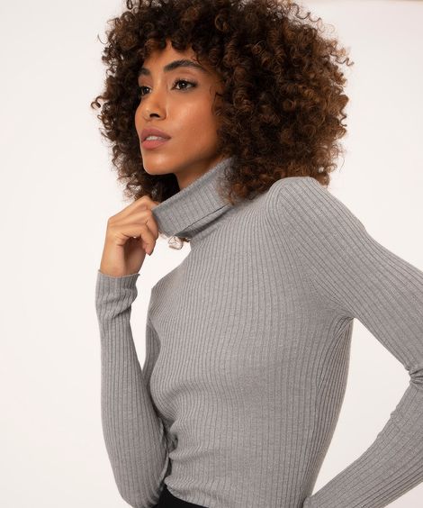 Blusa Feminina Canelada Manga Longa Gola Alta Cinza Mescla