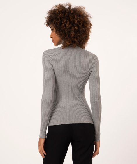 Blusa Feminina Canelada Manga Longa Gola Alta Cinza Mescla