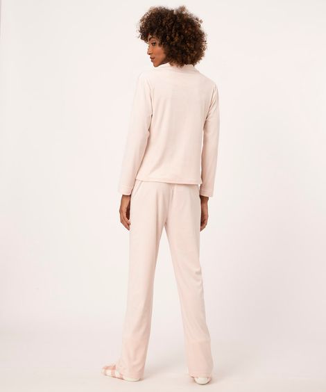 pijama de plush camisa com vivo contrastante rosa claro